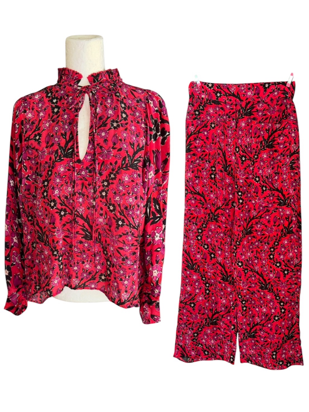 Maria Cher Silk Red Pink Floral Print 2 Piece Set - Tie Neck Blouse & Pants - S